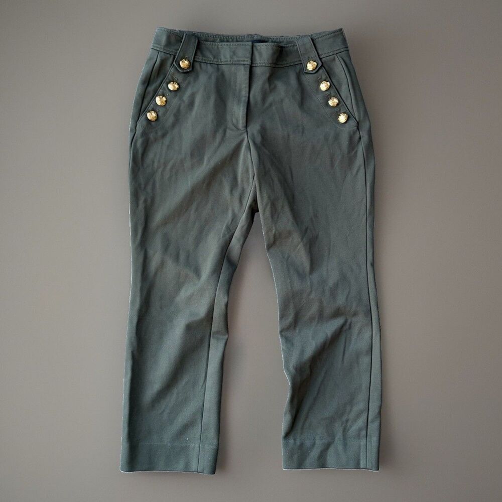 WHBM Jolie Straight Leg Pants Womens 14 Green Gold Sailor Button Luxe Stretch